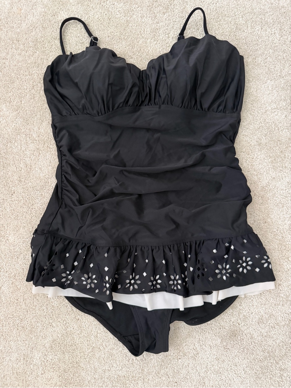 Black Ruffled One Piece Swimsuit with Cutout Hem